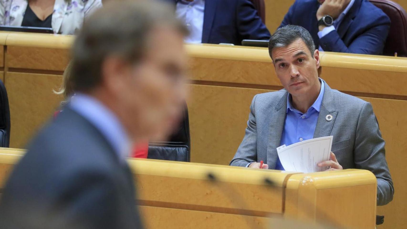 Sánchez observa a Feijóo, en uno de sus cara a cara en el Senado.