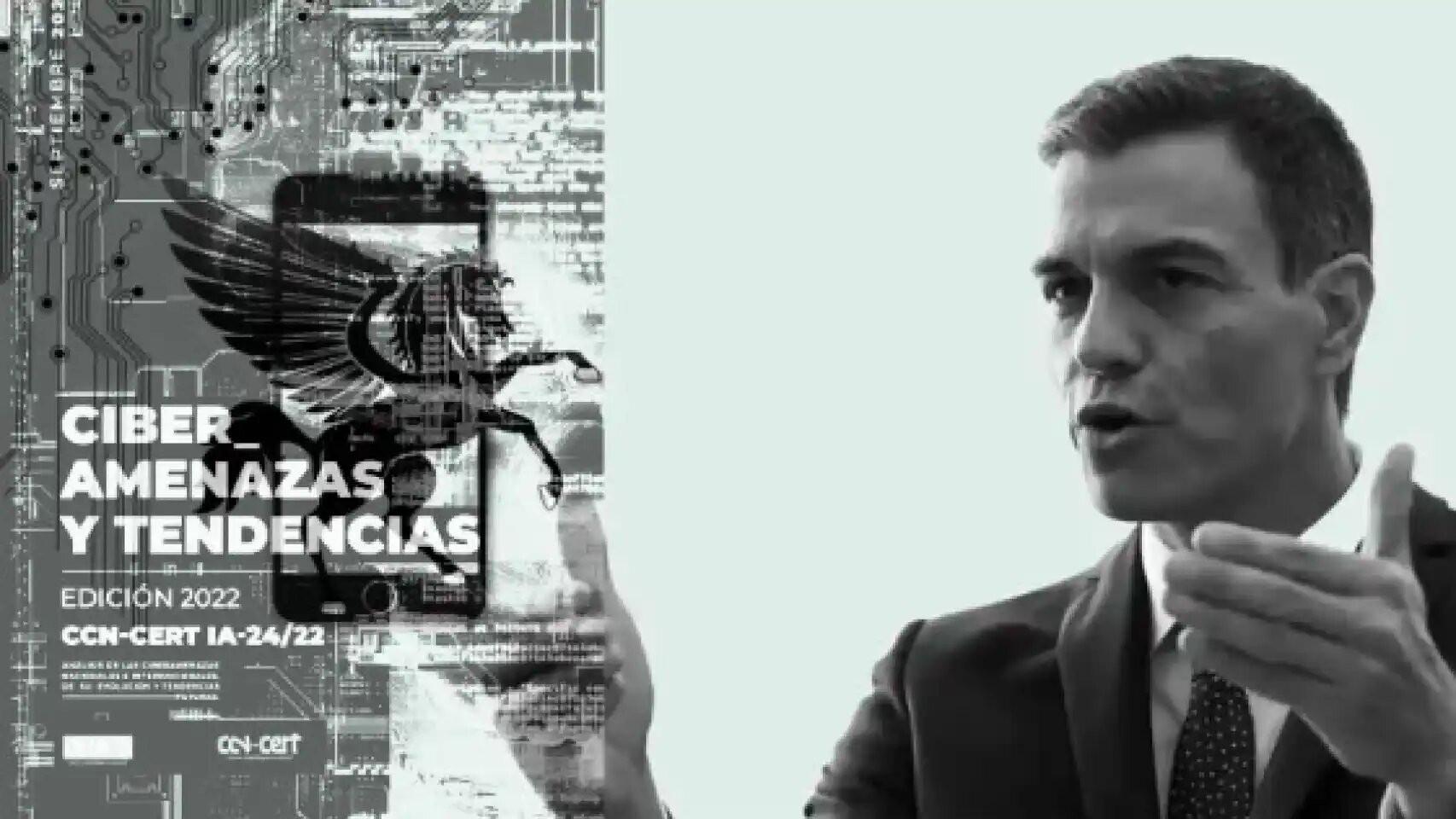 Pedro Sánchez en un fotomontaje con la portada de un informe de Seguridad Nacional, un smartphone y Pegasus.