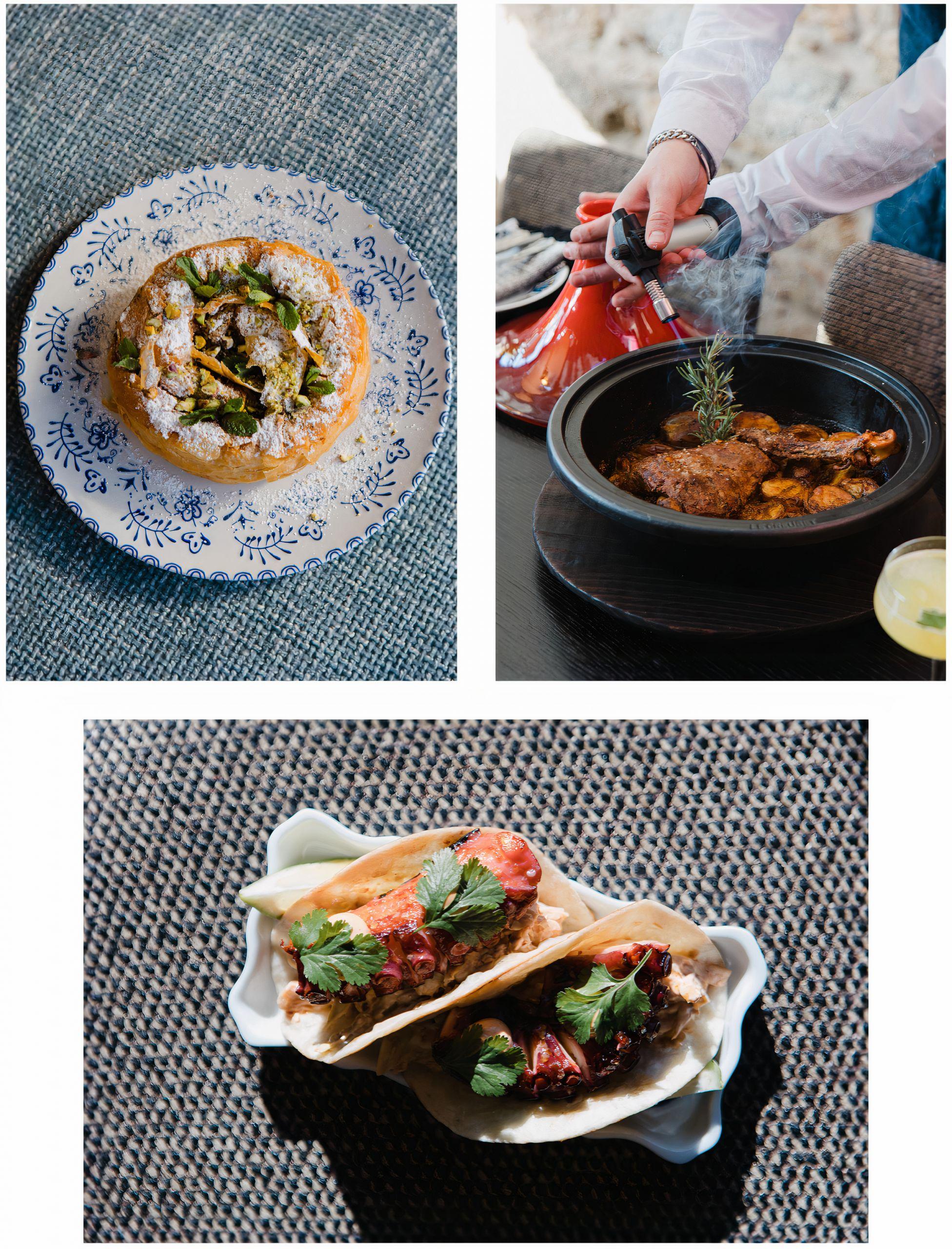 Moroccan Pastilla a la Mallorquina (arriba izquierda); Raan de Cordero (arriba derecha); Tacos de Pulpo (abajo).
