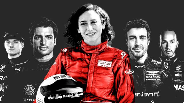 Isabel Díaz Ayuso, en un fotomontaje junto a Carlos Sainz, Fernando Alonso, Max Verstappen y Lewis Hamilton