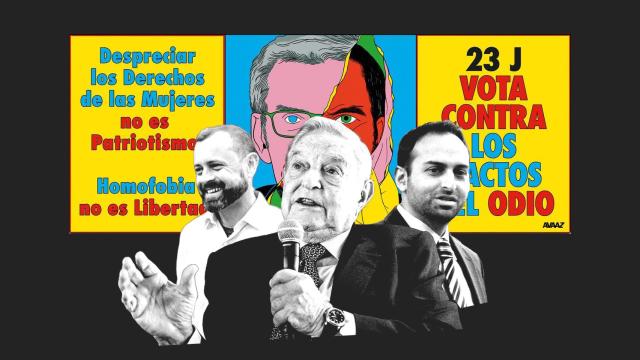 A izquierda y derecha, los fundadores de Avaaz Tom Pierello y Ricken Patel, quienes han mantenido relación con el magnate George Soros (centro).