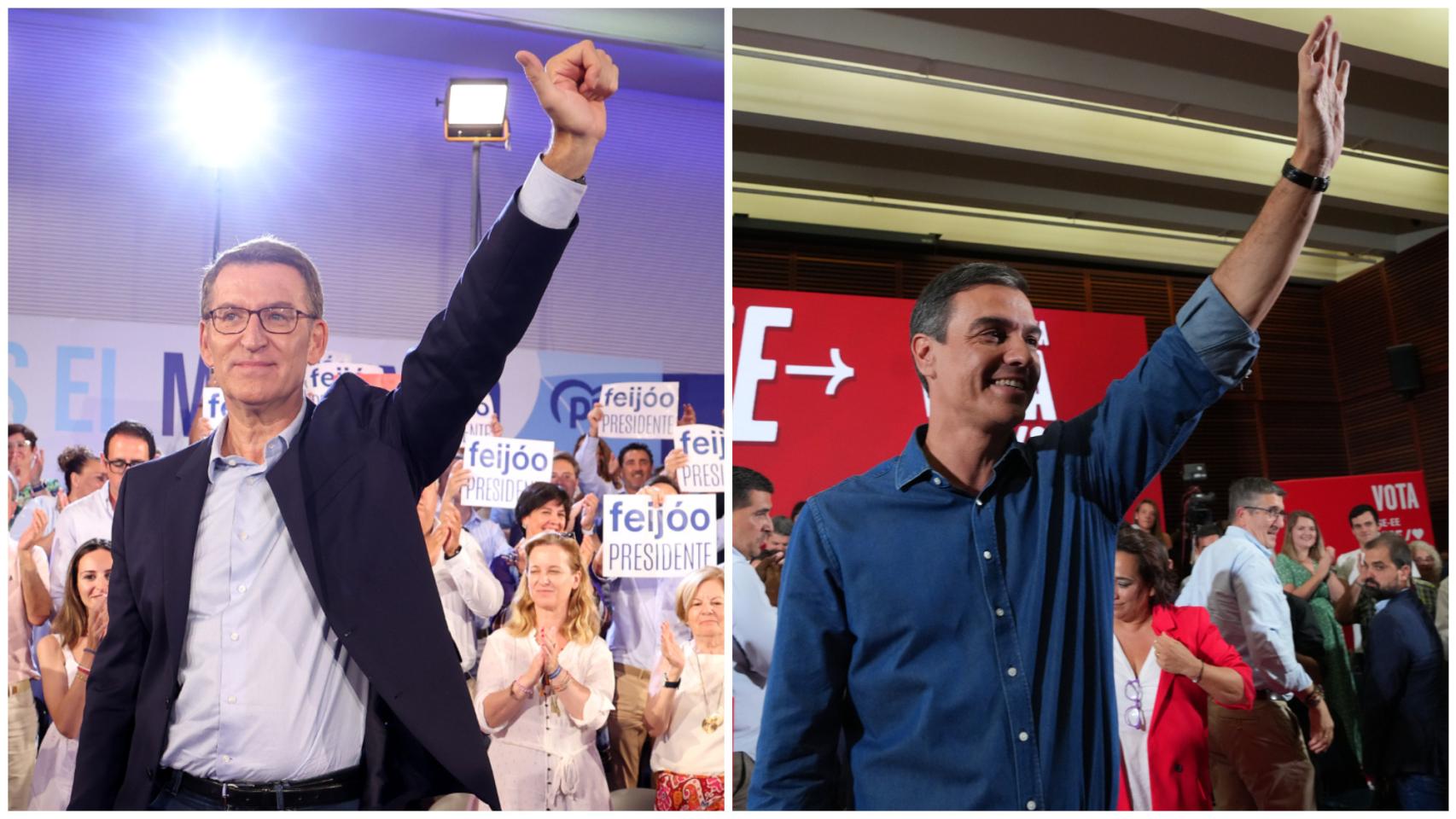 A la izquierda, Feijóo en su mítin de este martes en Palma; a la derecha, Sánchez en San Sebastián.