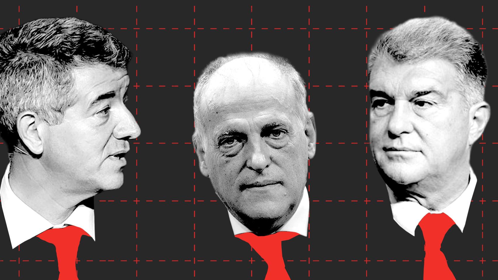 Miguel Ángel Gil Marín, Javier Tebas y Joan Laporta, en un fotomontaje
