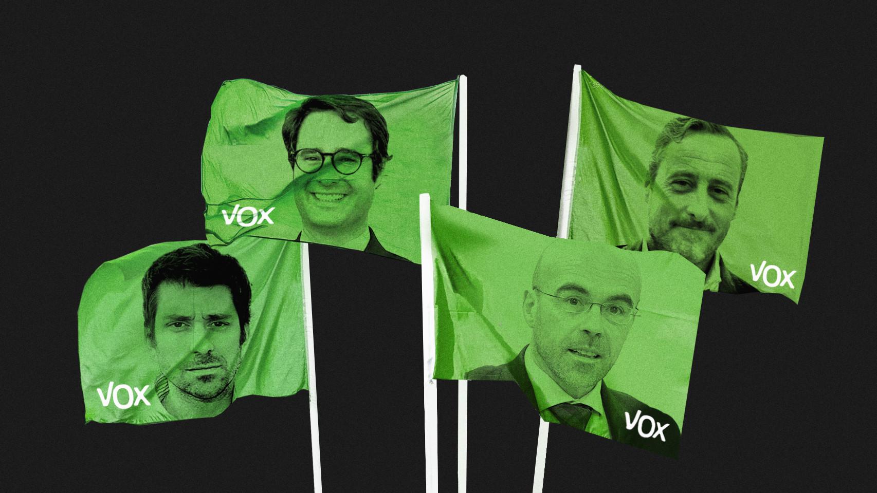 De izquierda a derecha: Gabriel Ariza, fundador de Tizona Comunicación e hijo del dueño de Intereconomía; Ignacio de Hoces, diputado electo por Badajoz; Jorge Buxadé, vicesecretario de Acción Política de Vox; y Kiko Méndez-Monasterio, mano derecha de Santiago Abascal.