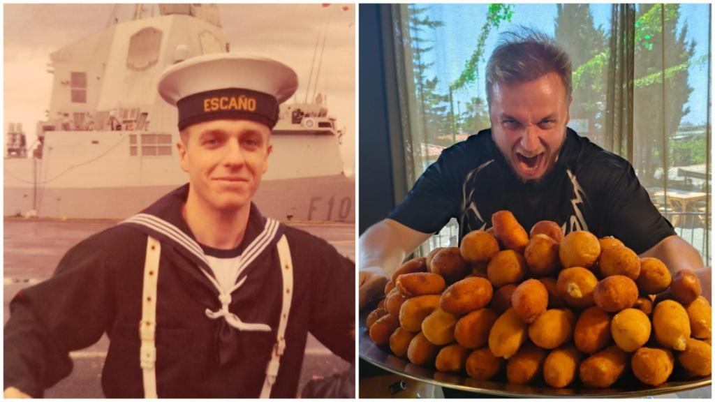 Valentín Carrasco Ferrer, en su etapa como militar profesional de la Armada, junto a una imagen de este viernes, antes de comerse 4 kilos de croquetas en el Restaurante Aupa de Barcelona, para los seguidores de ValFerrer.