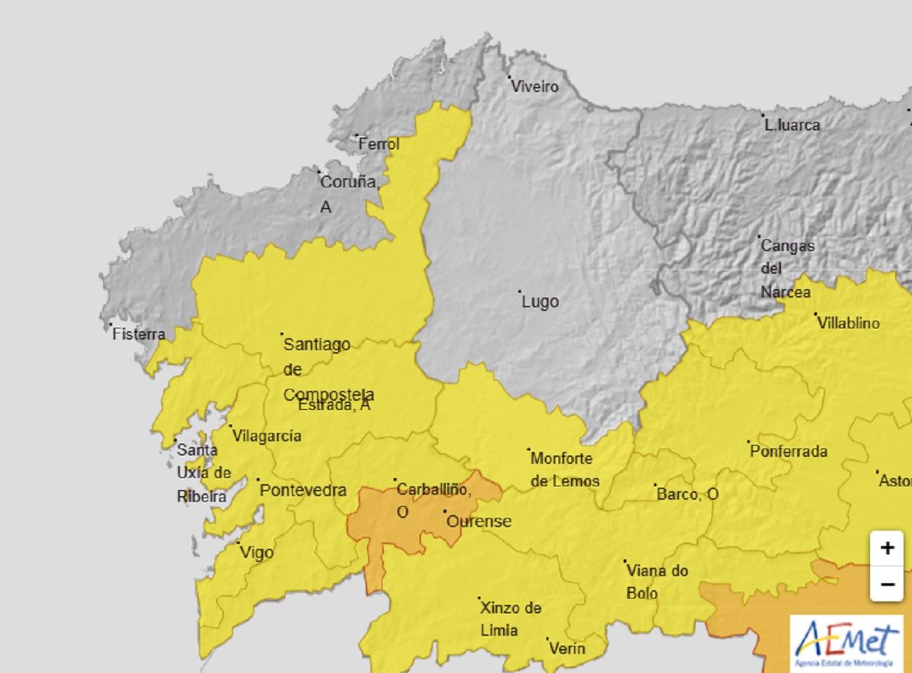 Mapa del aviso amarillo para este martes 8 de agosto (Aemet).