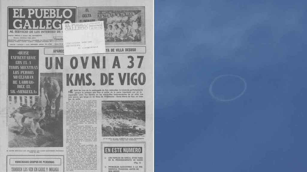 Portada de ‘El Pueblo Gallego’ de 1974 y avistamiento en Samil fotografiado por Alberto Casás (cedida).