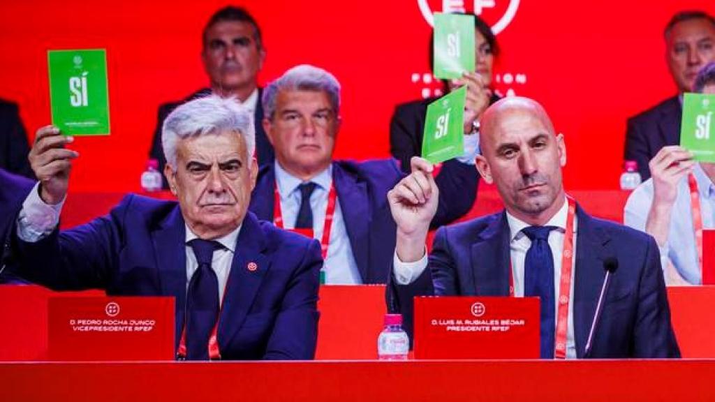 Pedro Rocha, junto a Luis Rubiales en una Asamblea de la Federación.