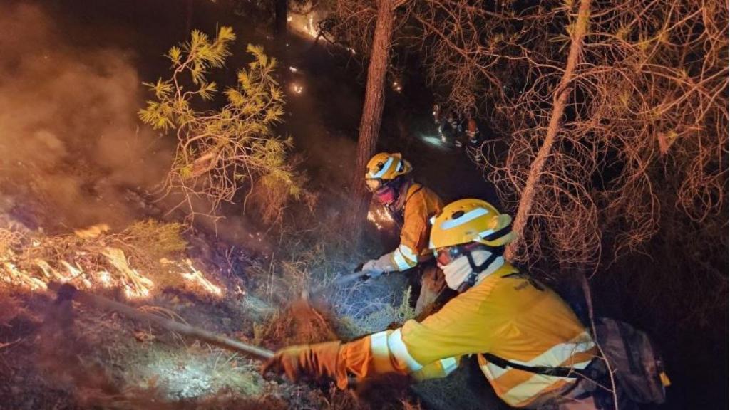 Dos miembros de las brigadas forestales trabajando en la extinción de un incendio