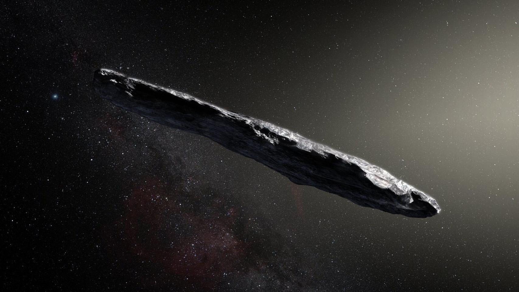 Recreación del objeto estelar Oumuamua  a su paso por el Sistema Solar. Imagen: Observatorio Europeo Austral / M. Kornmesser