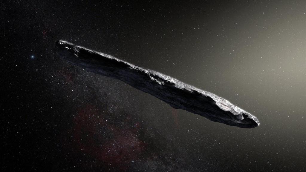 Recreación del objeto estelar Oumuamua  a su paso por el Sistema Solar. Imagen: Observatorio Europeo Austral / M. Kornmesser