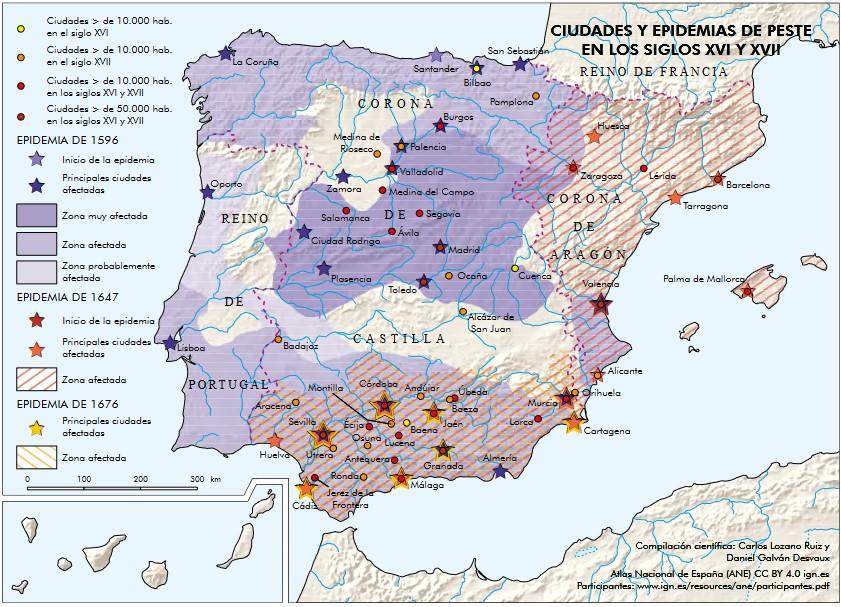 Mapa de las epidemias de peste de los siglos XVI y XVII (Instituto Geográfico Nacional)