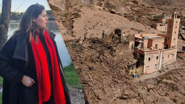 A la izquierda, la psicóloga Rajaa Malla El Marzouqi; a la derecha, el pueblo marroquí de Arghen después del terremoto.