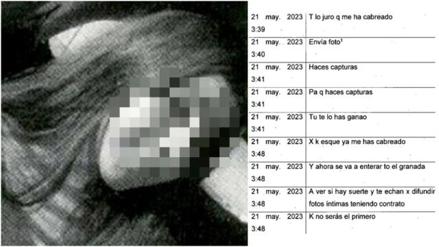 Una imagen de una de las chicas que utilizaba el investigado en el perfil de Telegram para ligar con jóvenes, junto a un chat donde reclama fotos íntimas a una víctima.