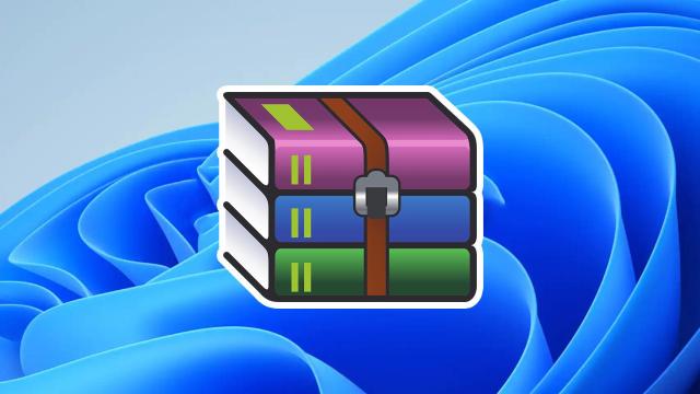Fotomontaje con el logo de WinRAR y el fondo de pantalla principal de Windows 11.