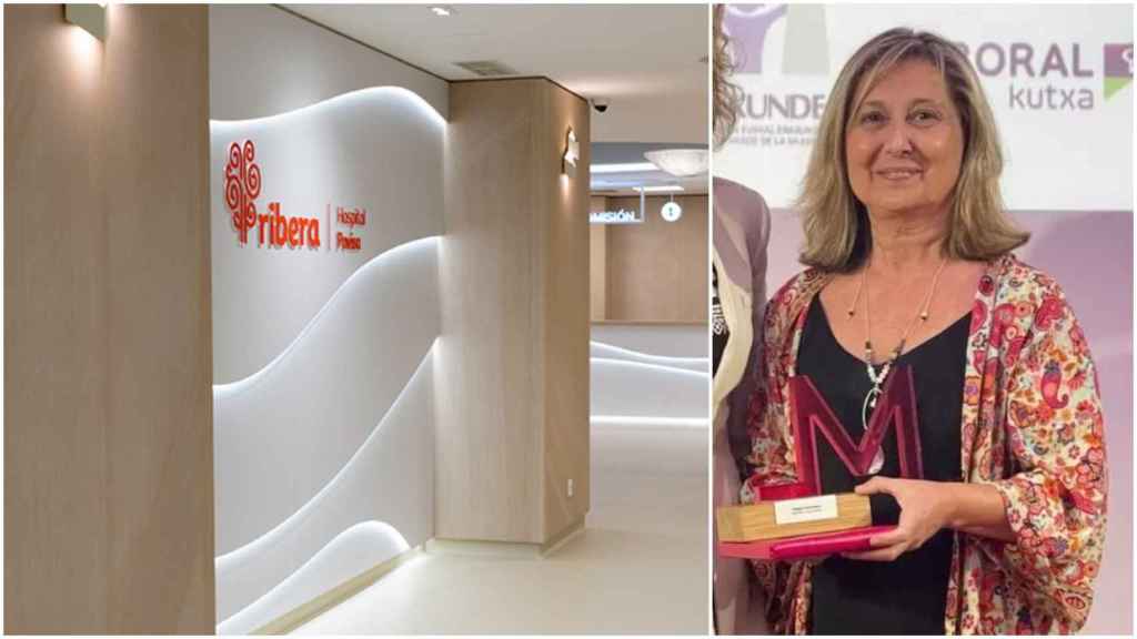 A la derecha, Ángela Guerra recoge un premio, a la izquierda, las instalaciones de Povisa.