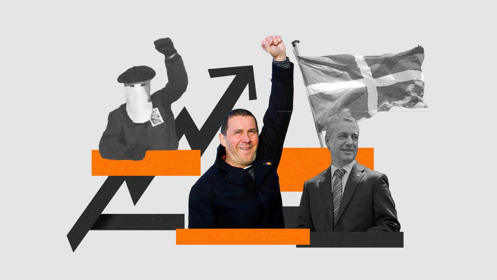 Un terrorista de ETA embozado durante un comunicado, el líder de EH Bildu, Arnaldo Otegi; y el lehendakari Iñigo Urkullu.