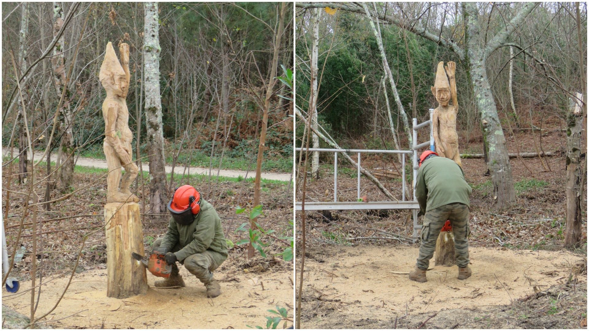 Imágenes de la talla de la figura en diciembre de 2022. Fotos: Comunidade De Montes de Coruxo