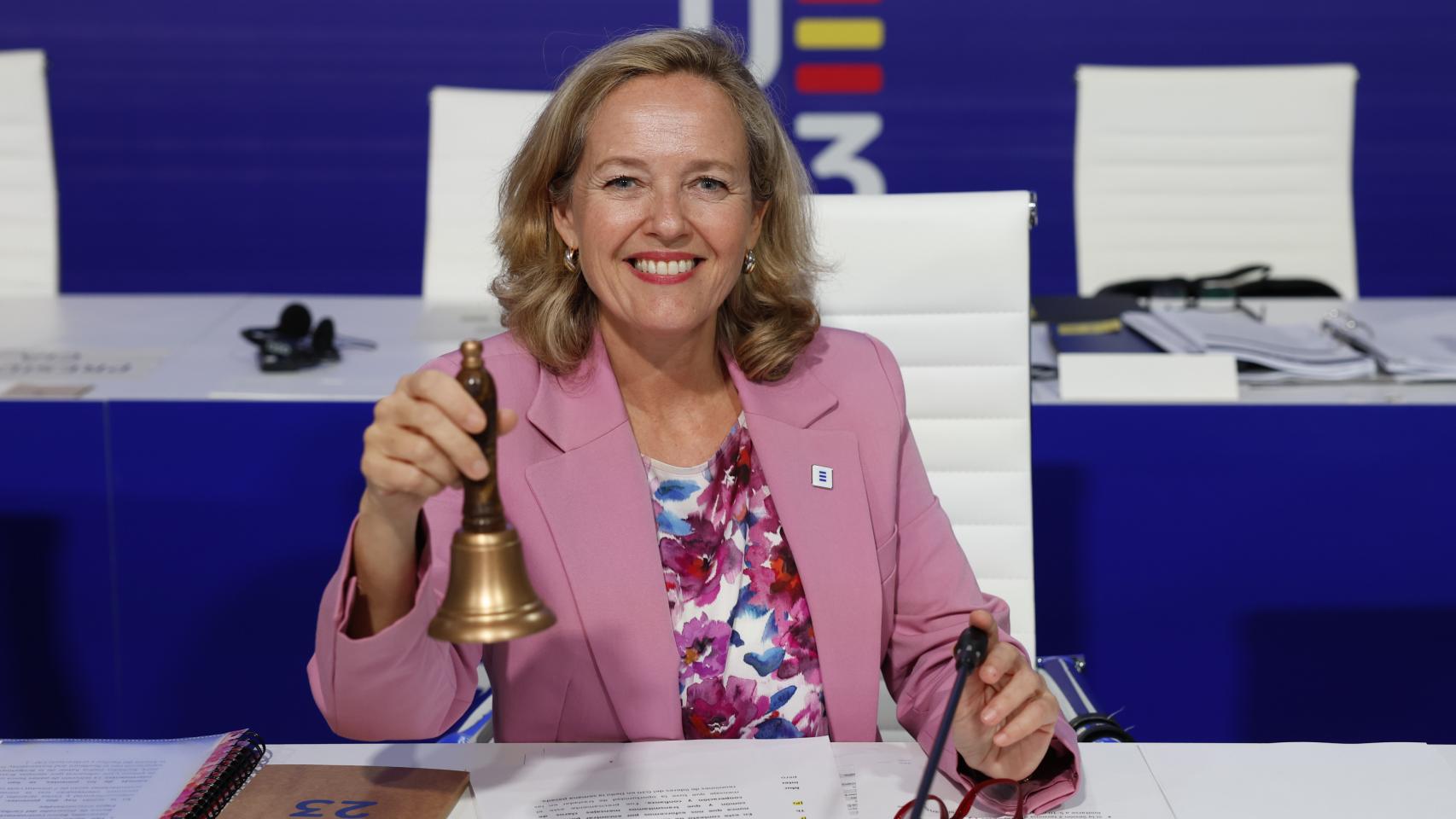 La vicepresidenta primera, Nadia Calviño, durante el Ecofin informal de Santiago de Compostela