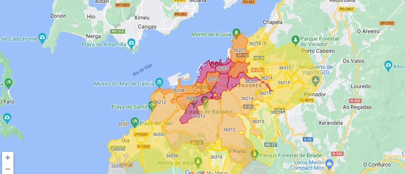 Mapa del número de contratos de alquiler en Vigo. Fuente: Observatorio da Vivenda de Galicia