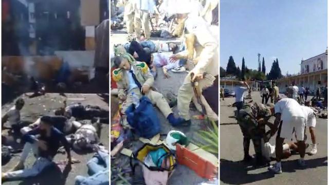 Varias víctimas del ataque con drones al Colegio Militar de Homs (Siria), este jueves.