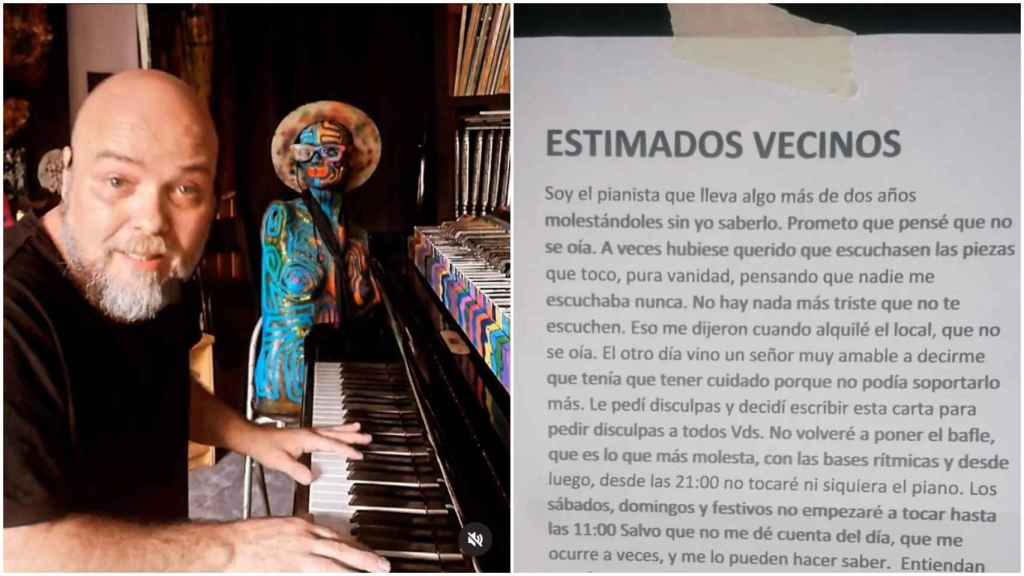 Velpister tocando el piano, a la izquierda, y la imagen de la carta remitida a los vecinos, a la derecha.