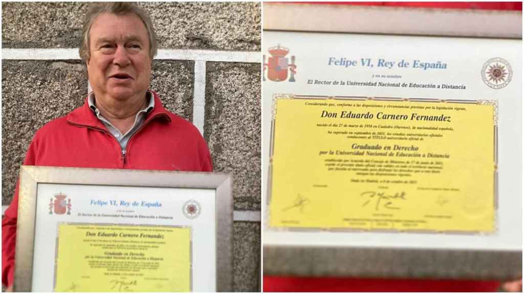 Eduardo sostiene el título en sus manos.