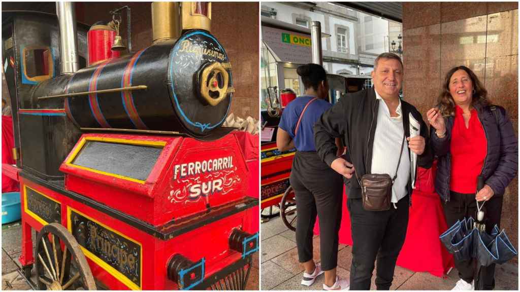 A la izquierda, el famoso tren, a la derecha, dos turistas madrileños a punto de degustar unas castañas.