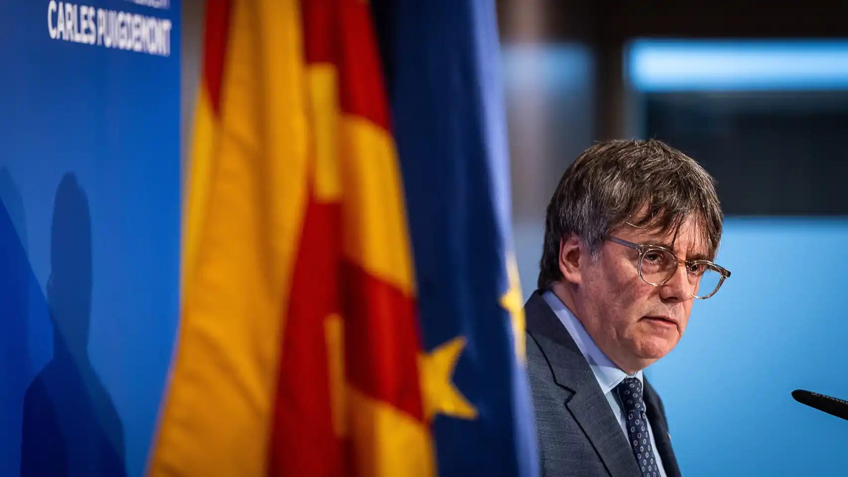 El expresident de la Generalitat y eurodiputado de Junts, Carles Puigdemont, durante una rueda de prensa