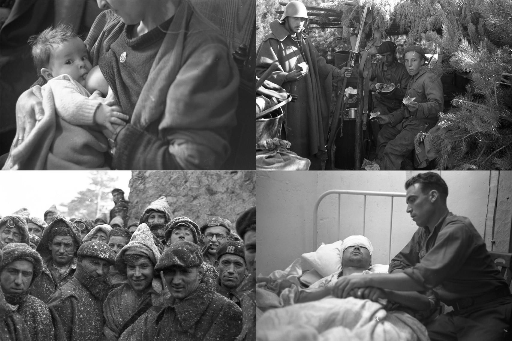 Tomando pecho, Pamplona, enero de 1938; (2) Comiendo sandía en el parapeto. Navafría, agosto de 1936; (3) Requetés del Tercio de Santiago en el Pico del Nevero, 8 de febrero de 1937; (4) El Cedazo despidiéndose de su hermano, Hospital de Jadraque, 10 de junio de 1937.