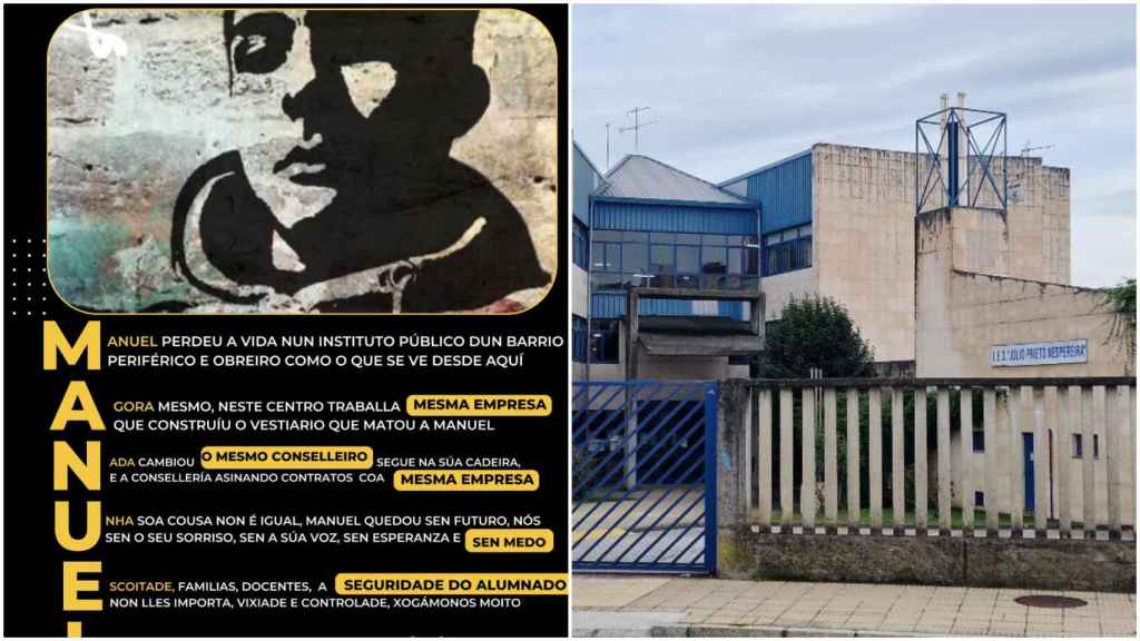 Cartel compartido por la madre del joven que falleció y la imagen del IES Julio Prieto Nespereira donde ocurrió el accidente.