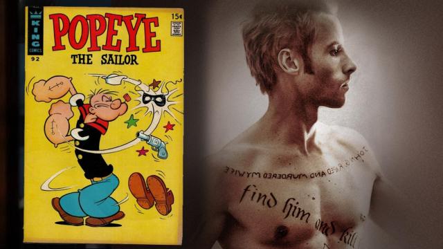 Portada del cómic 'Popeye'. A la derecha, Guy Pearce en 'Memento'