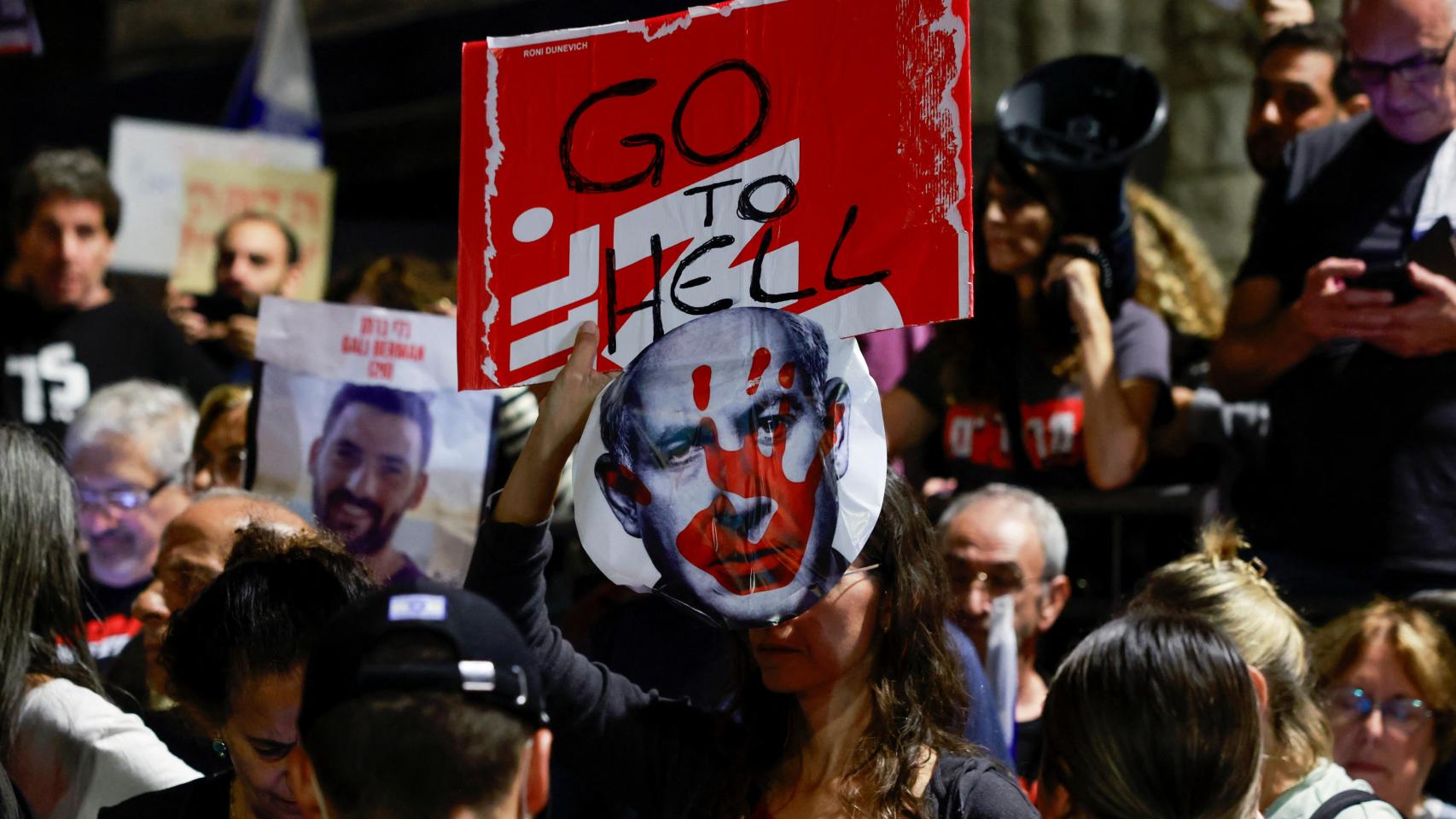 Pancartas contra el primer ministro israelí, Benjamín Netanyahu, el sábado en Jerusalén.