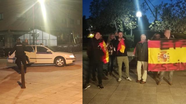 Pablo Fernández se dispone a montarse al taxi; y al lado los manifestantes a las puertas de las Cortes