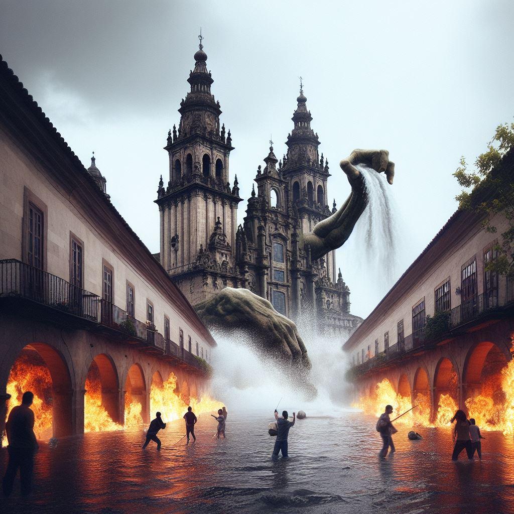 Imagen ficticia creada con IA sobre el ‘final’ de la ciudad de Santiago de Compostela. Fuente: Bing Creator.
