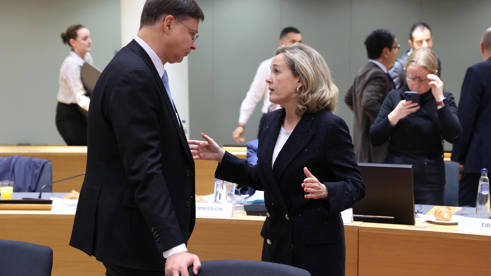 La vicepresidenta primera en funciones, Nadia Calviño, durante el Ecofin de este jueves en Bruselas