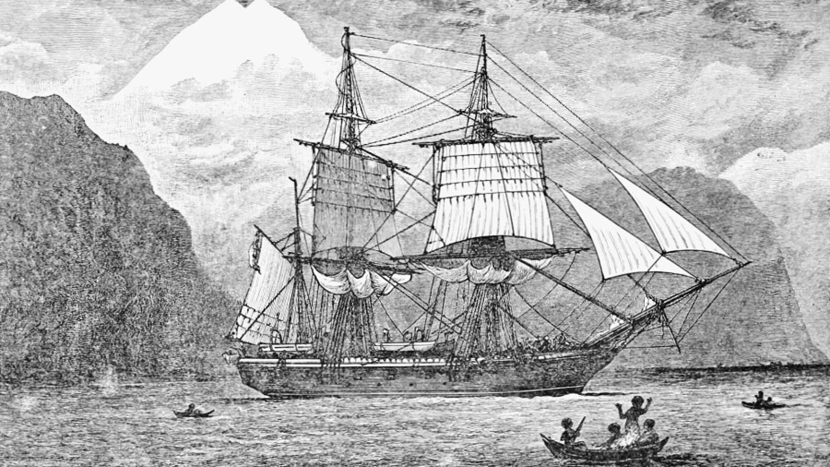 El Beagle, a su paso por el Estrecho de Magallanes. Ilustración de R. T. Pritchett