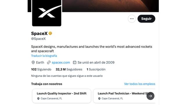 Perfil de SpaceX con las ofertas de trabajo.