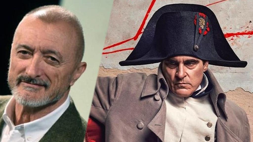 Arturo Pérez-Reverte (i) y Joaquín Phoenix caracterizado como Napoleón en la película de Ridley Scott (d).