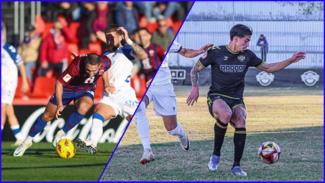 De izquierda a derecha, un jugador del Eldense y uno del Intercity disputando un balón.