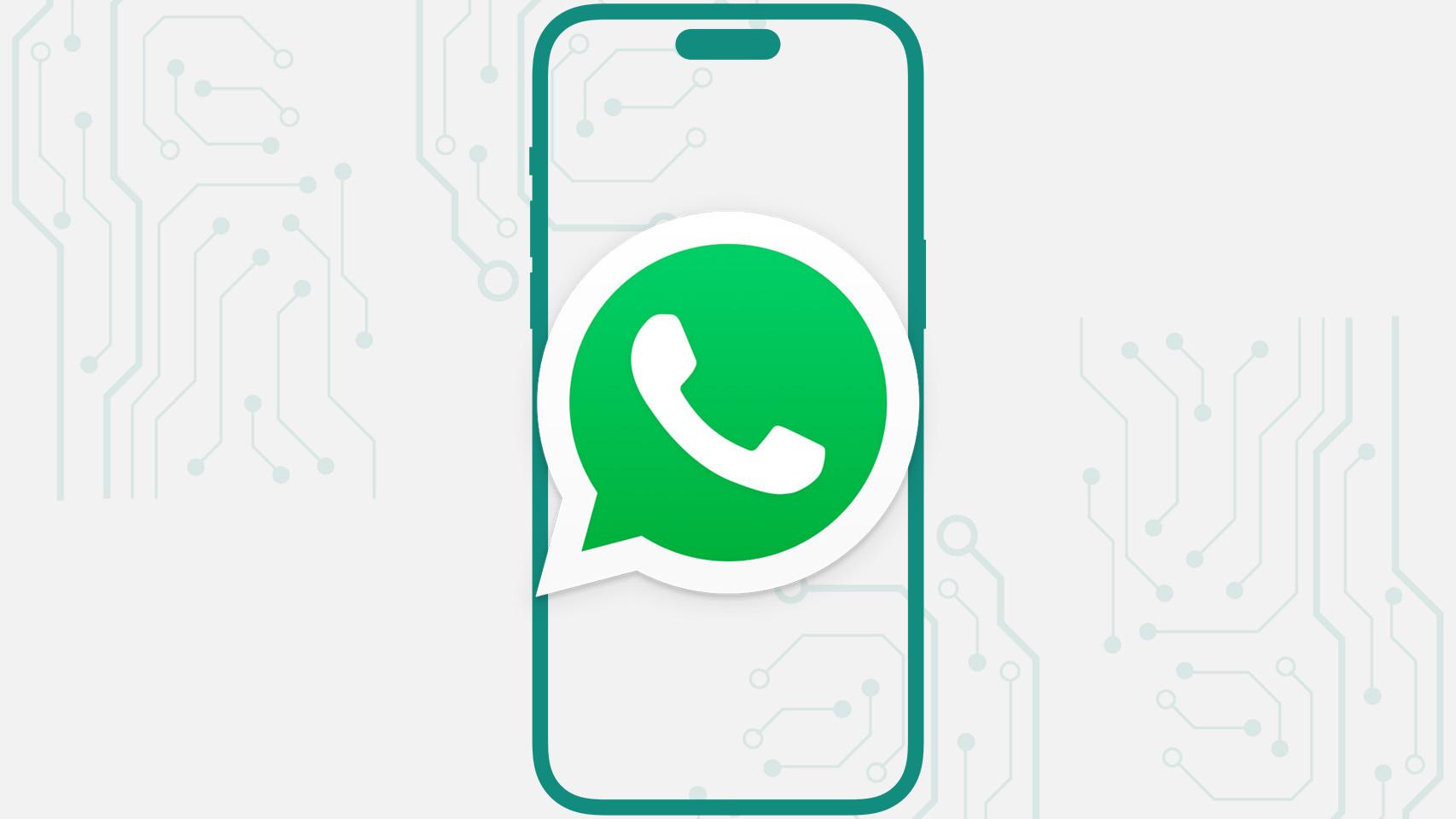 Fotomontaje con la maqueta de un iPhone 15 y con el logo de WhatsApp.