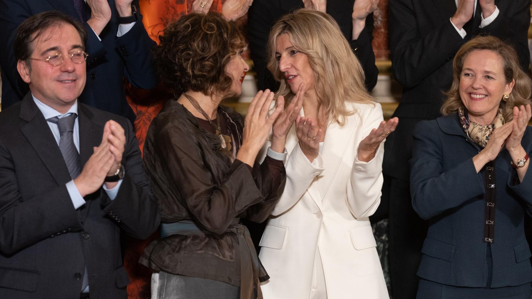 Los ministros José Manuel Albares, María Jesús Montero, Yolanda Díaz y Nadia Calviño en el acto por el Día de la Constitución.