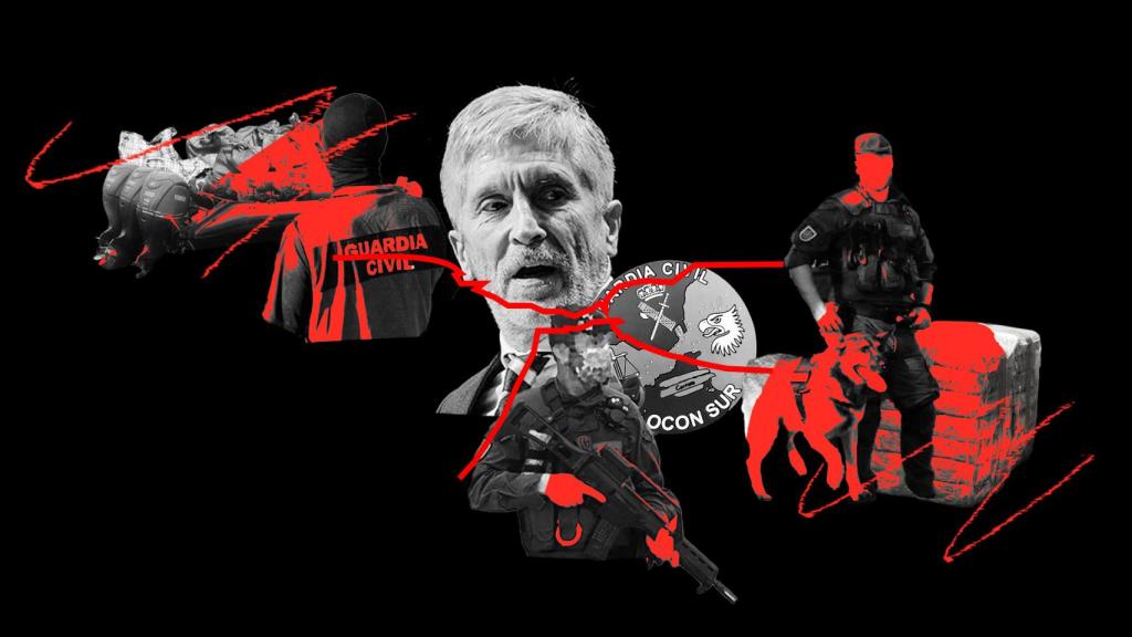 Fotomontaje con el rostro de Marlaska y efectivos del OCON-Sur