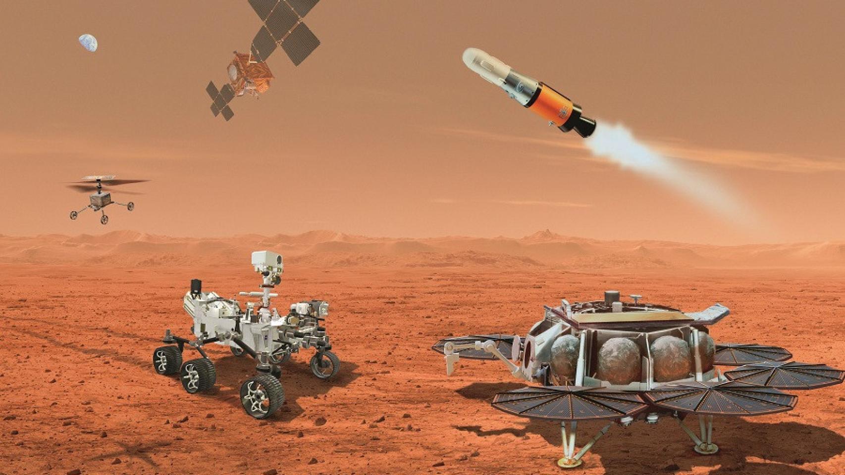 Recreación de múltiples robots en torno al rover Mars Perseverance. Imagen: NASA