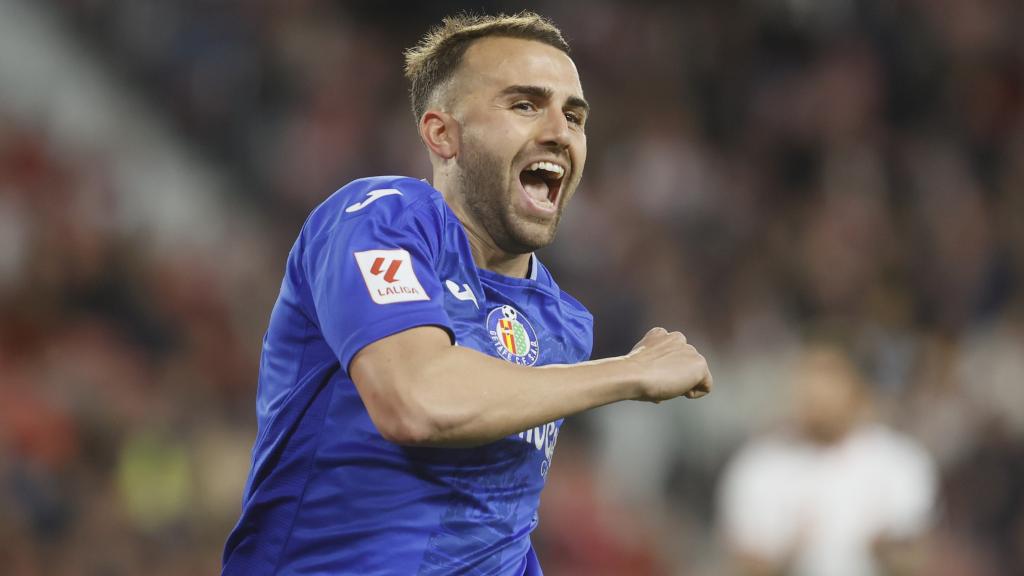 Borja Mayoral celebra el gol en el Pizjuán ante el Sevilla.