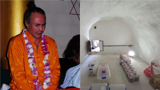 El 'Lama de Murcia' José Manuel Cánovas Rivera, junto a una imagen de garrafas con mercurio que supuestamente se está purificando con orina de vaca.