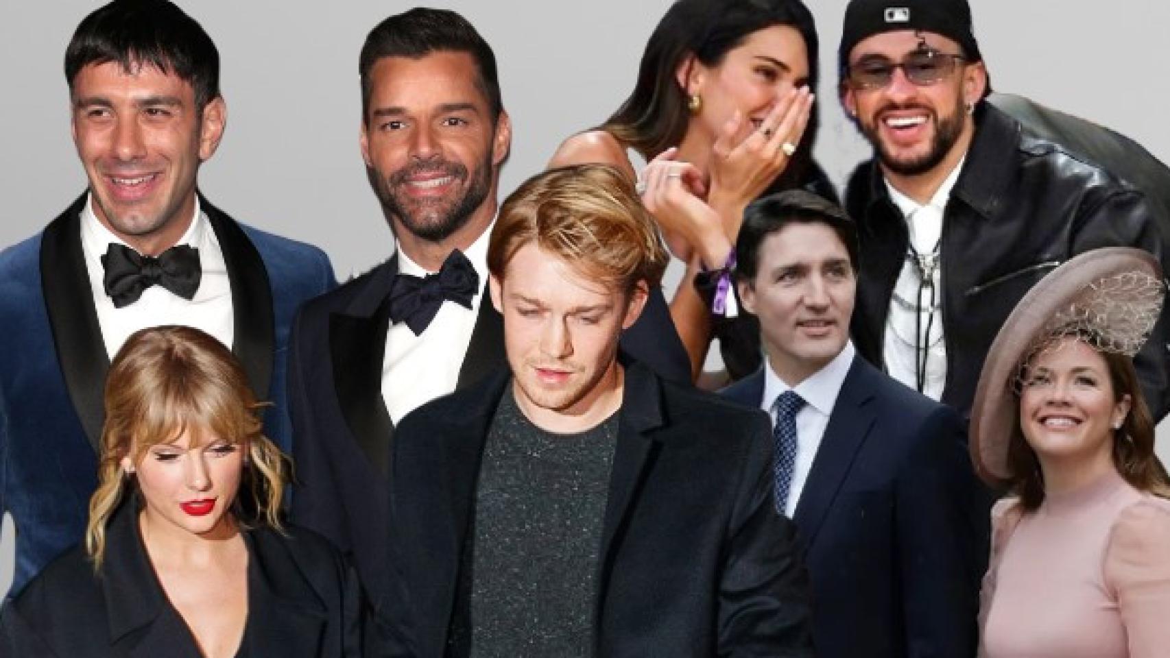 Montaje de EL ESPAÑOL de Taylor Swfit, Joe Alwyn, Bad Bunny, Kendall Jenner, Justin Trudeau, Sophie Grégoire, Ricky Martin y Jwan Yosef