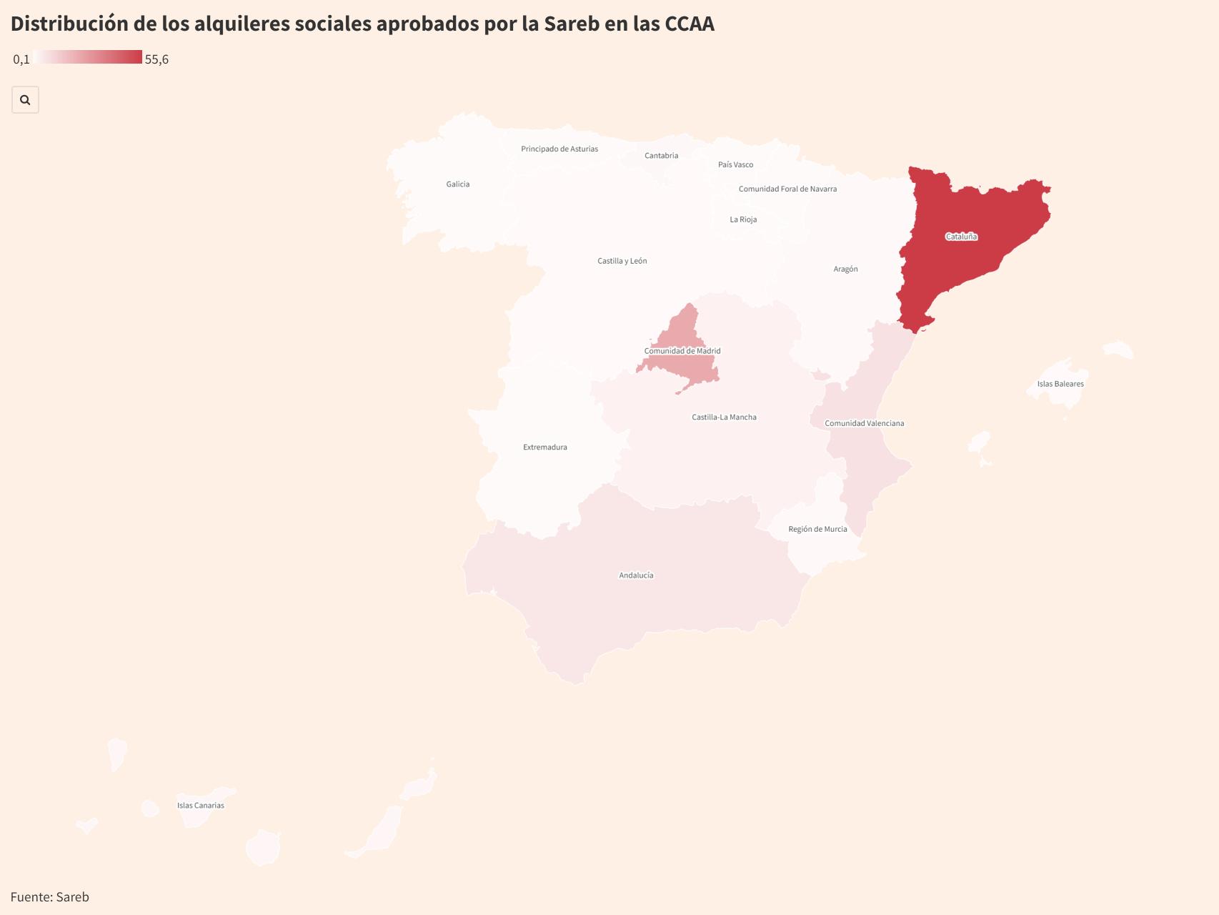 Distribución de los alquileres sociales aprobados por la Sareb en las CCAA