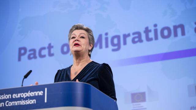 La comisaria de Interior, Ylva Johansson, durante la rueda de prensa de este miércoles en Bruselas