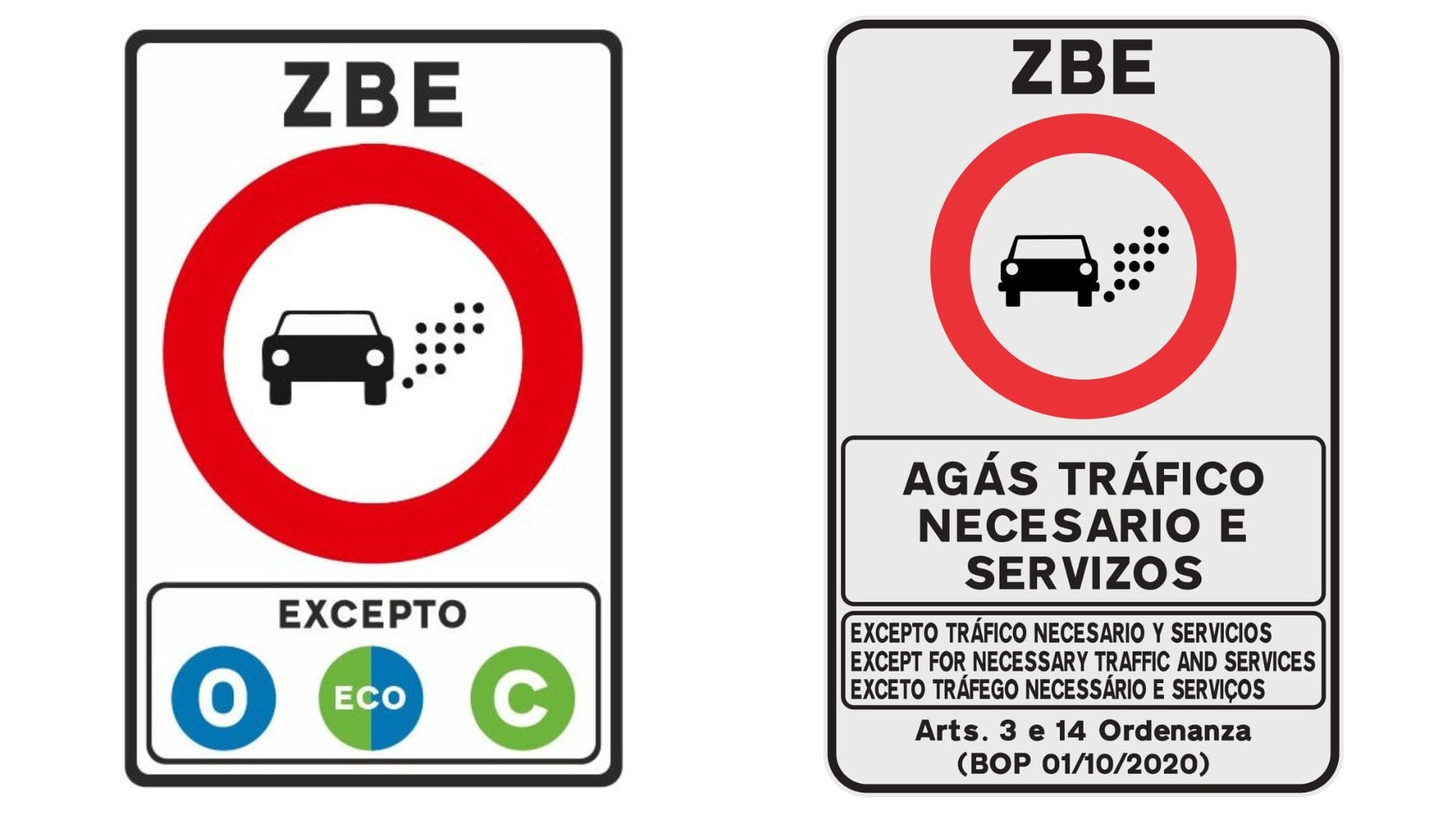 Señal de ZBE de la DGT (izquierda) y señal de ZBE para Pontevedra.